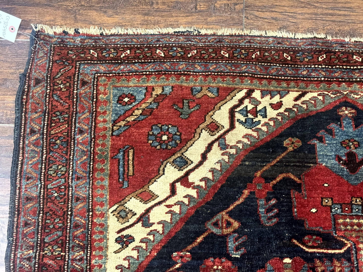 Antique Persian Bidjar Rug 5x6, Navy Blue and Red, Persian Tribal Rug