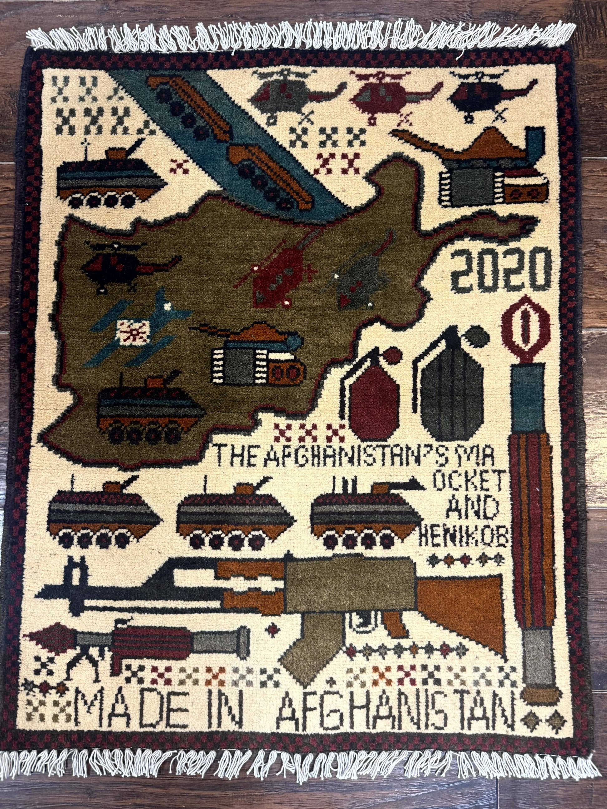 Afghan War Rug, Helicopters Tanks Guns, Handmade, Wool, 2x3 - Nuvé