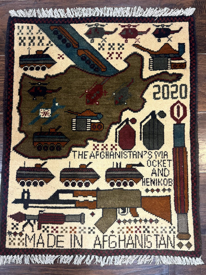 Afghan War Rug, Helicopters Tanks Guns, Handmade, Wool, 2x3 - Nuvé