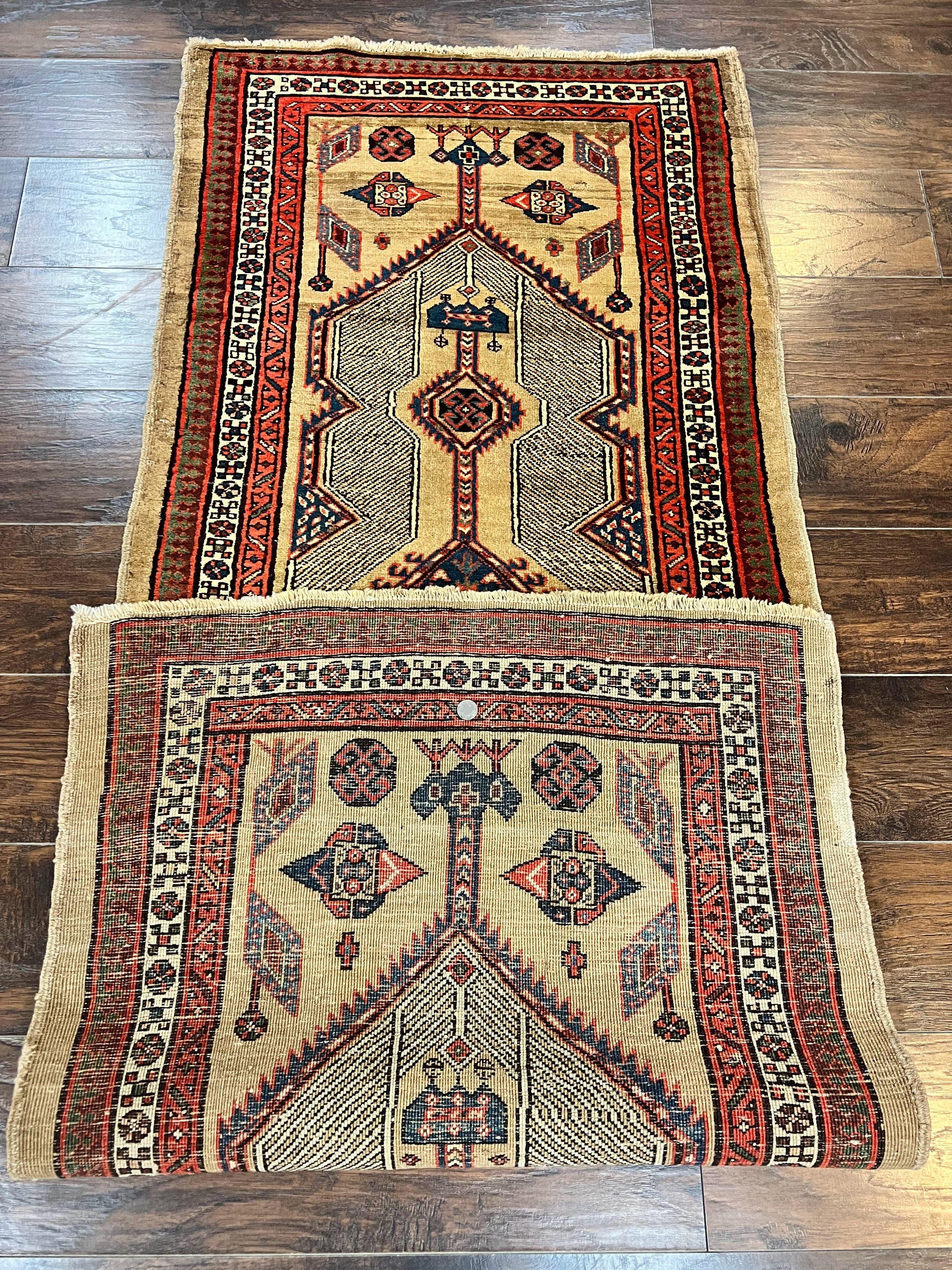 Antique Persian Runner 3 x 7, Camel Hair Runner 3x7 ft, Handmade Hallway Rug, Geometric Design, Tribal Rug, Persian Sarab Rug 3x7 - Nuvé