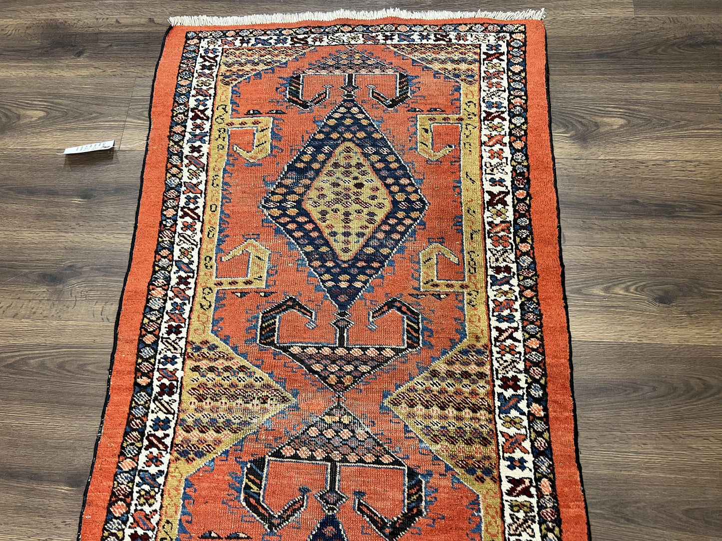 Rare Persian Tribal Runner Rug 3 x 11, Sarab Serab Persian Runner, Antique 1920s Collectible Geometric Medallions Oriental Wool Runner, Hand Knotted, Bright Orange-Red - Nuvé