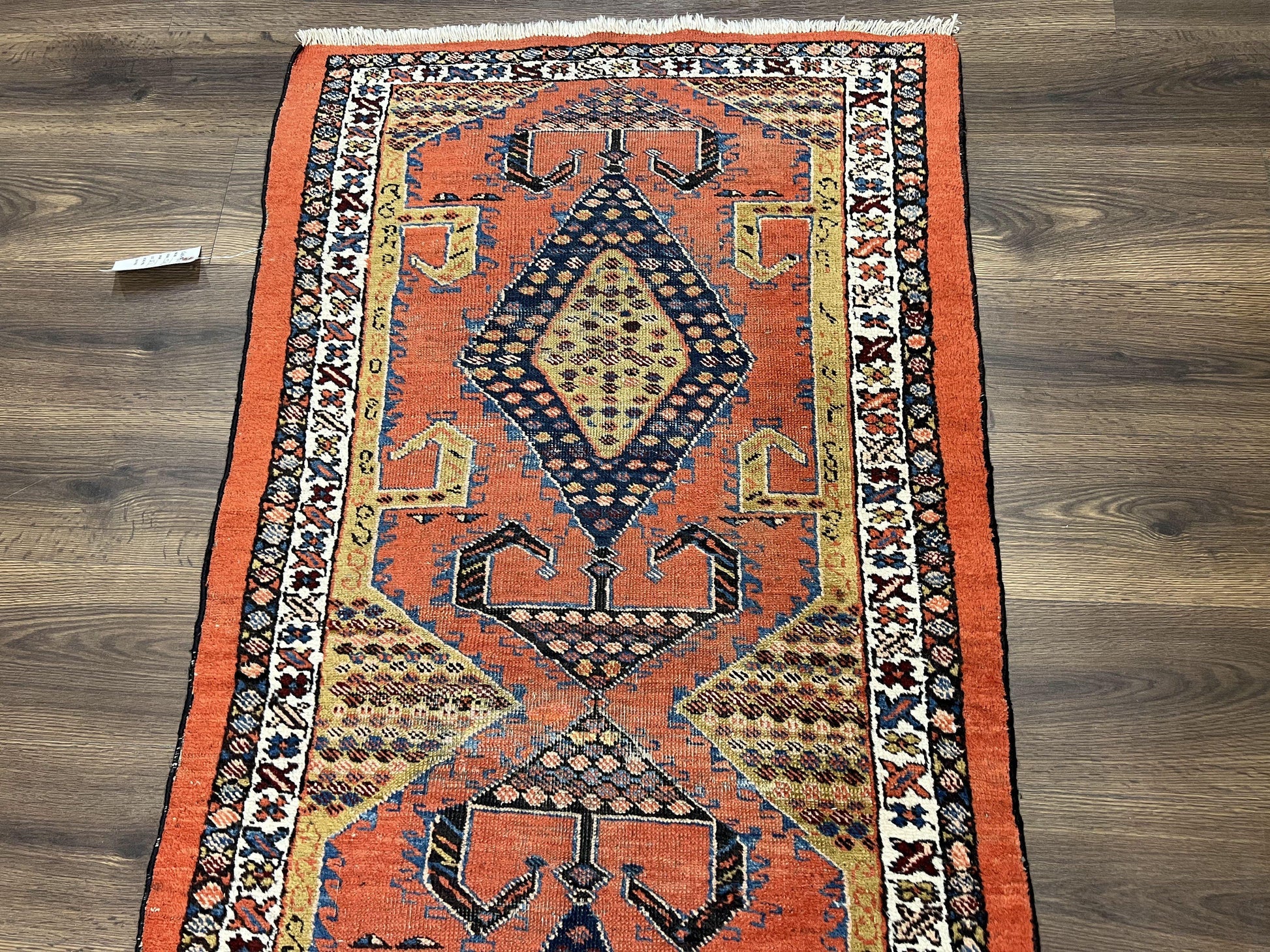 Rare Persian Tribal Runner Rug 3 x 11, Sarab Serab Persian Runner, Antique 1920s Collectible Geometric Medallions Oriental Wool Runner, Hand Knotted, Bright Orange-Red - Nuvé