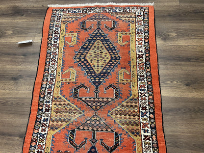 Rare Persian Tribal Runner Rug 3 x 11, Sarab Serab Persian Runner, Antique 1920s Collectible Geometric Medallions Oriental Wool Runner, Hand Knotted, Bright Orange-Red - Nuvé