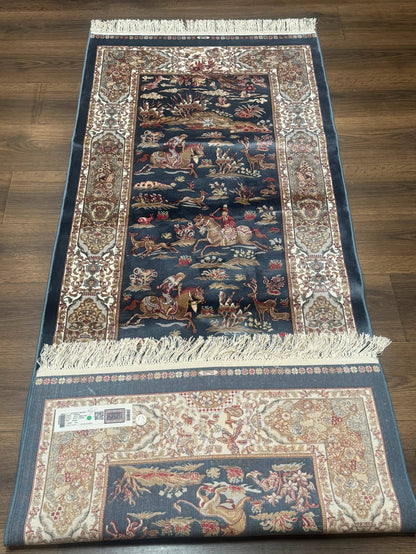 Turkish Silk Rug 2.6 x 6.7, Short Runner Rug, Blue & Ivory, Bamboo Silk, New - Nuvé