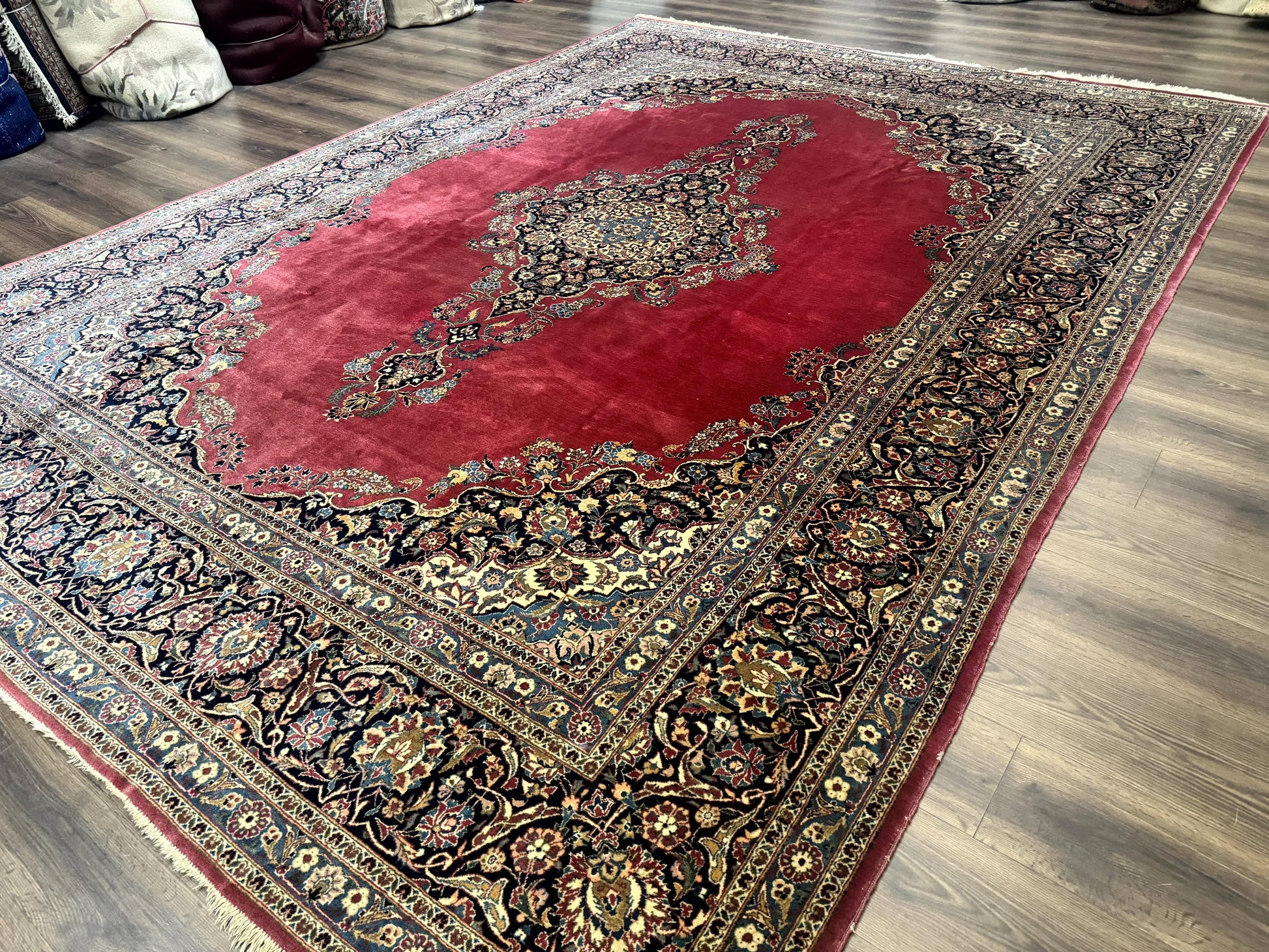 Persian Kashan Rug 9x12, Traditional, Semi Open Field, Red, Signed By Master Weaver, Antique Rug - Nuvé