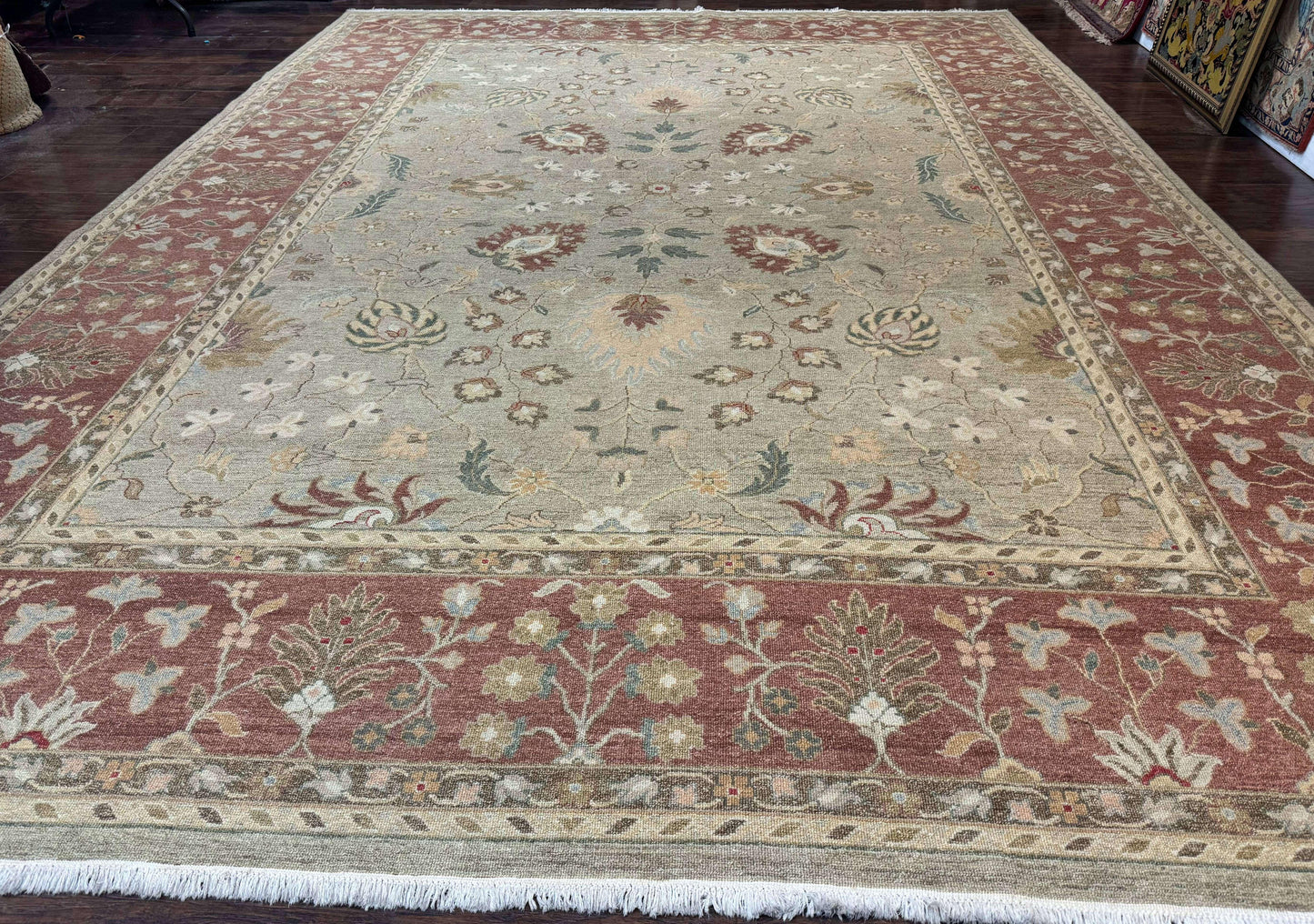 Large Turkish Soumak Rug 10x14, Flatweave Dhurrie, Handmade, Light Green and Salmon - Nuvé