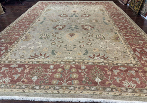 Large Turkish Soumak Rug 10x14, Flatweave Dhurrie, Handmade, Light Green and Salmon - Nuvé