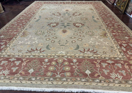 Large Turkish Soumak Rug 10x14, Flatweave Dhurrie, Handmade, Light Green and Salmon - Nuvé