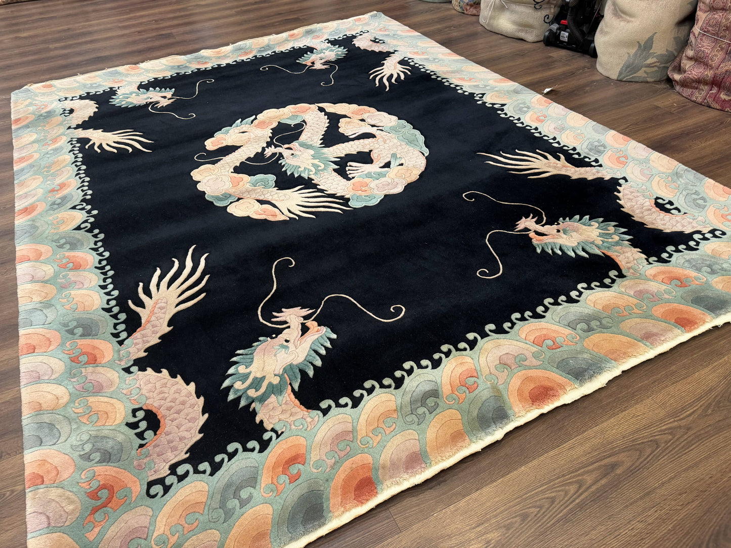 Black Chinese Wool Rug 8x10 with Dragons, Rainbow Borders, Rare - Nuvé