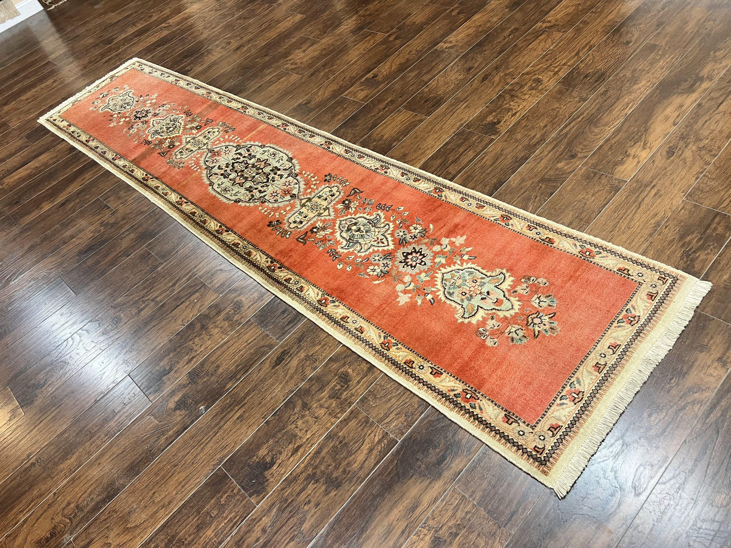 Persian Tabriz Runner Rug 3 x 12, Vintage Hand Knotted Wool Oriental Hallway Carpet, Light Red Beige Tan, Fine Weave, Semi Open Field, Traditional - Nuvé