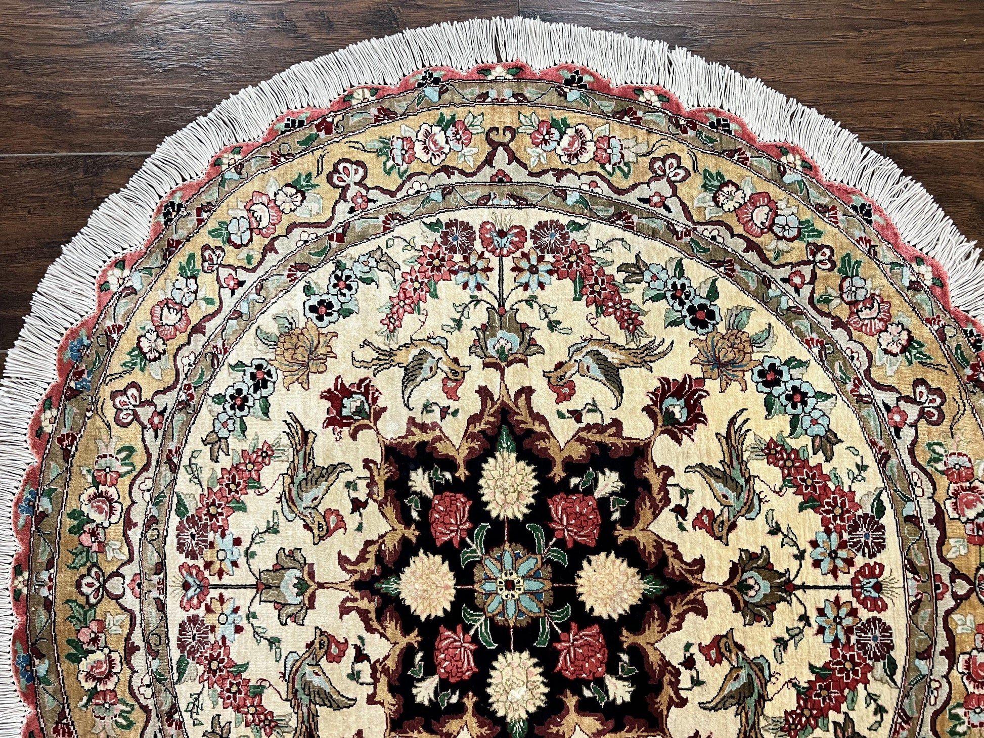 Silk Persian Tabriz Round Rug 3x3 ft, Very Fine Hand Knotted Carpet 380 KPSI, Cream & Gold, Bird Pictorials, Floral, Rare - Nuvé