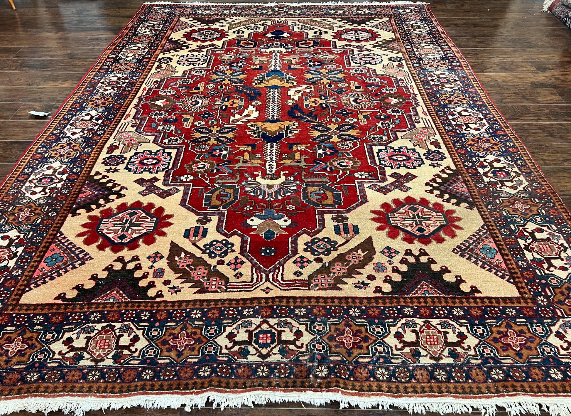 Antique Persian Heriz Rug 8x12 ft, Geometric Tribal Room Sized Carpet, Camel Hair Red Navy Blue, Wool Hand Knotted Medallion Oriental Carpet - Nuvé