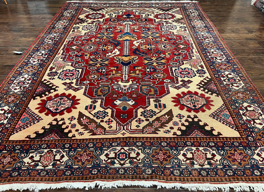 Antique Persian Heriz Rug 8x12 ft, Geometric Tribal Room Sized Carpet, Camel Hair Red Navy Blue, Wool Hand Knotted Medallion Oriental Carpet - Nuvé