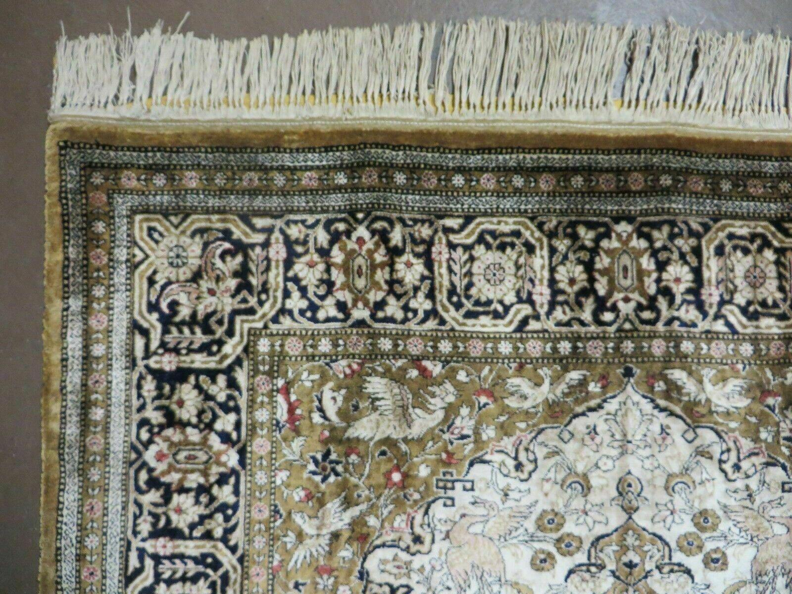 3' X 5' Fine Handmade Chinese Silk Rug Deer Birds Hand Knotted One Of A Kind - Nuvé