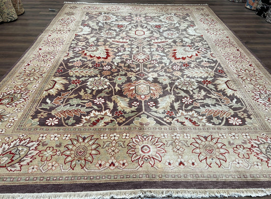 Vintage Indian Rug 9x12, Sultanabad Area Rug 9 x 12, Wool Hand Knotted Living Room Oriental Carpet, Eggplant and Khaki Color, Teawashed Rug - Nuvé