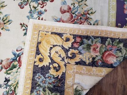 Vintage Chinese Floral Needlepoint Area Rug 6x9, Wool Hand-Woven Handmade Flatweave Rug, Ivory & Purple, Fruits Grapes Apples, Dining Room - Nuvé