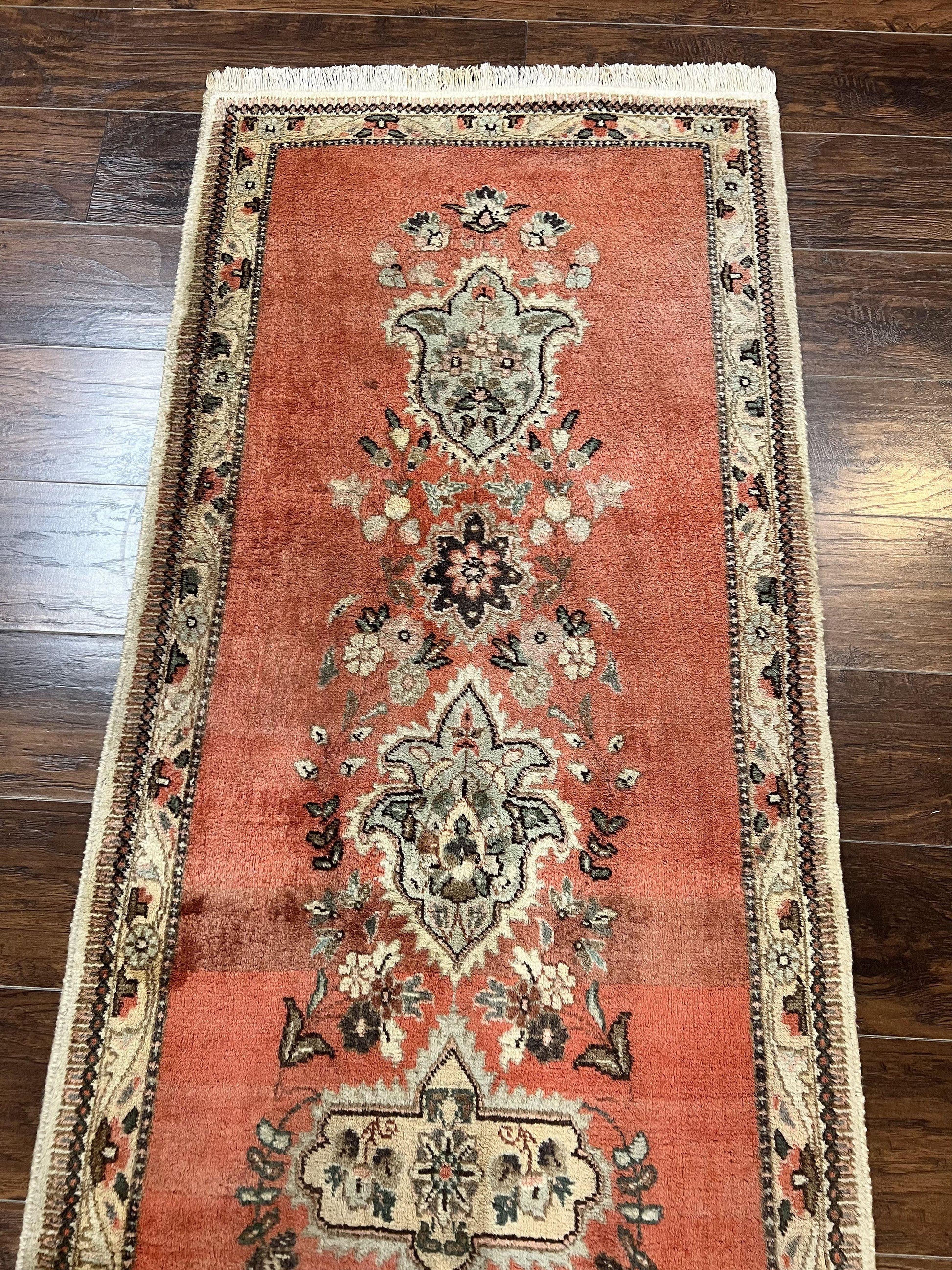 Persian Tabriz Runner Rug 3 x 12, Vintage Hand Knotted Wool Oriental Hallway Carpet, Light Red Beige Tan, Fine Weave, Semi Open Field, Traditional - Nuvé
