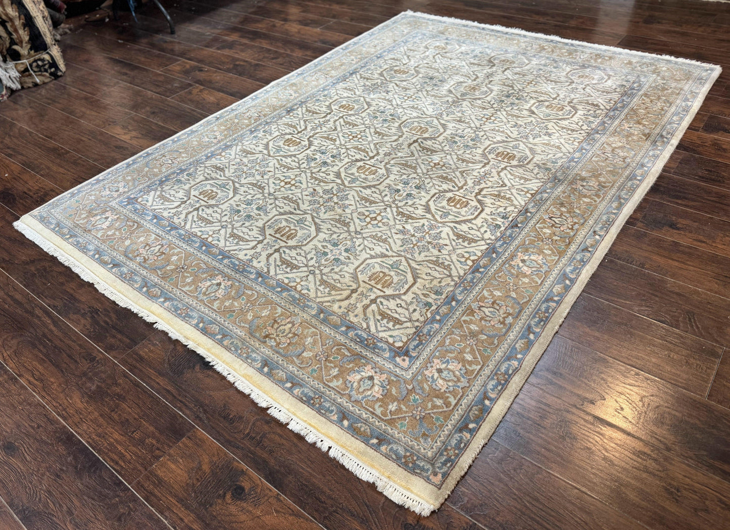 Indo Persian Rug 6x9, Beige, Allover Pattern, Vintage Wool Oriental Carpet - Nuvé