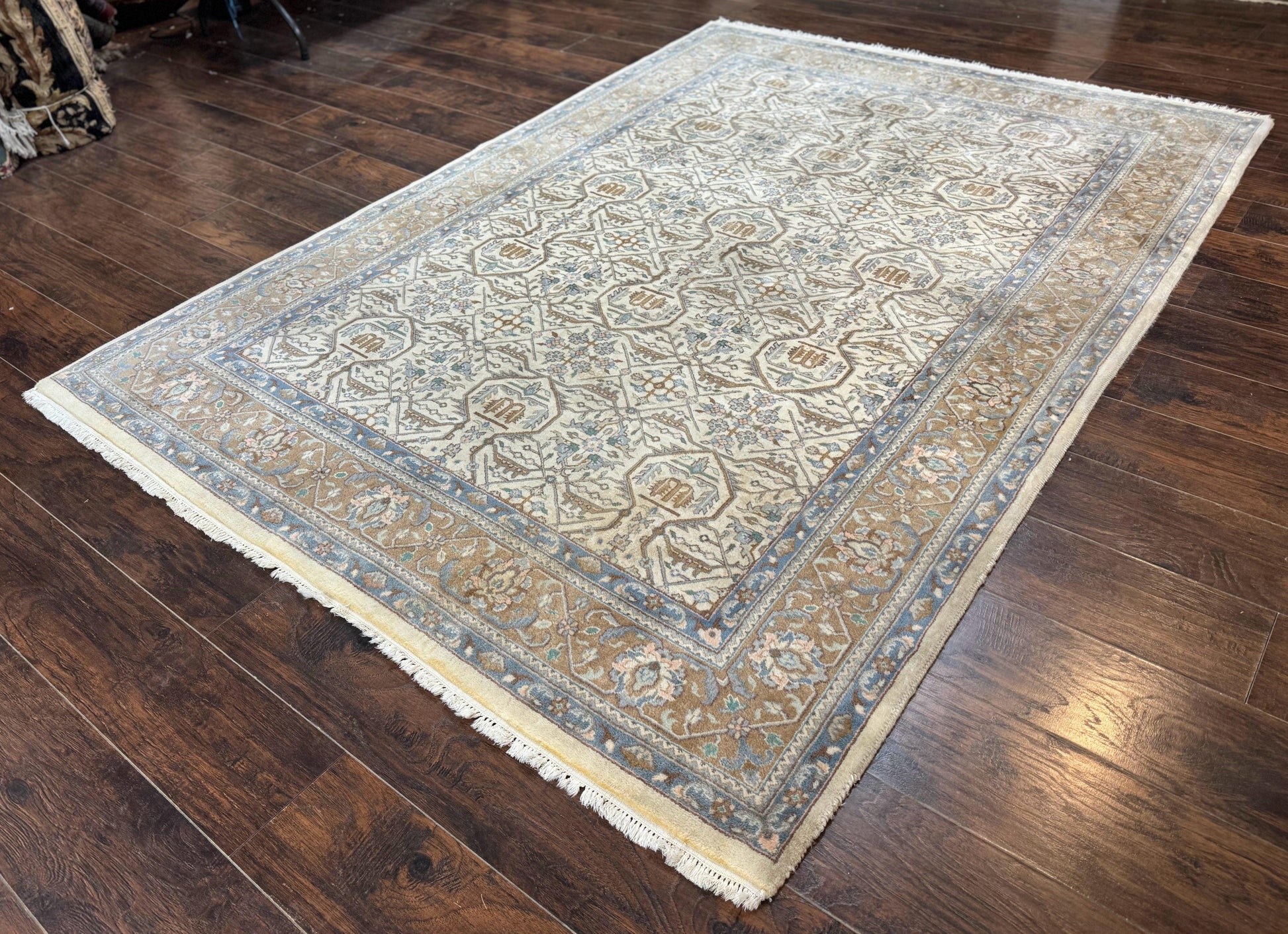 Indo Persian Rug 6x9, Beige, Allover Pattern, Vintage Wool Oriental Carpet - Nuvé