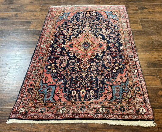 Persian Rug 3x5, Jozan Sarouk Rug, Navy Blue and Coral, Medallion Rug, Semi Antique - Nuvé