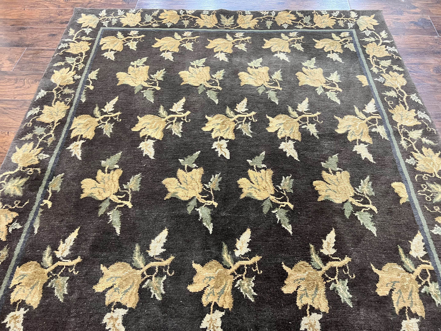 Tibetan Nepal Rug 6x9, Wool Hand Knotted Vintage Carpet 6 x 9, Dark Green & Golden Yellow, Floral Bouquets - Nuvé