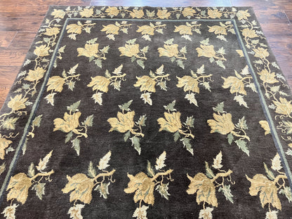 Tibetan Nepal Rug 6x9, Wool Hand Knotted Vintage Carpet 6 x 9, Dark Green & Golden Yellow, Floral Bouquets - Nuvé