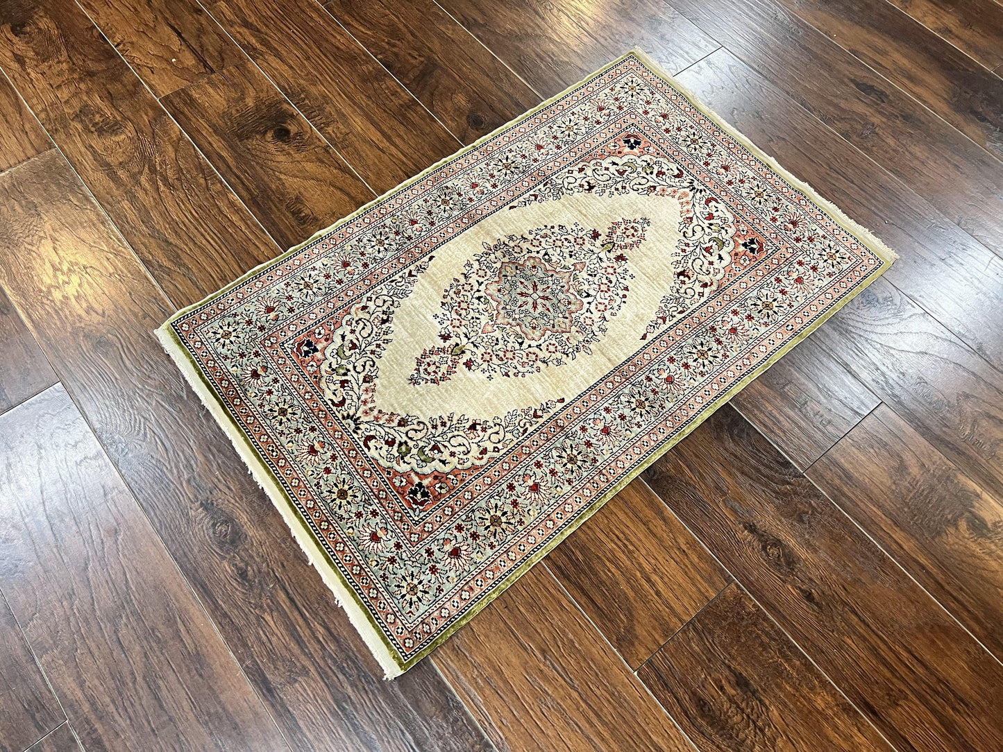 Silk Turkish Kayseri Rug 2x3, Very Finely Hand Knotted, Semi Open Field, Vintage, Silk Pile on Silk Foundation, 300 KPSI - Nuvé