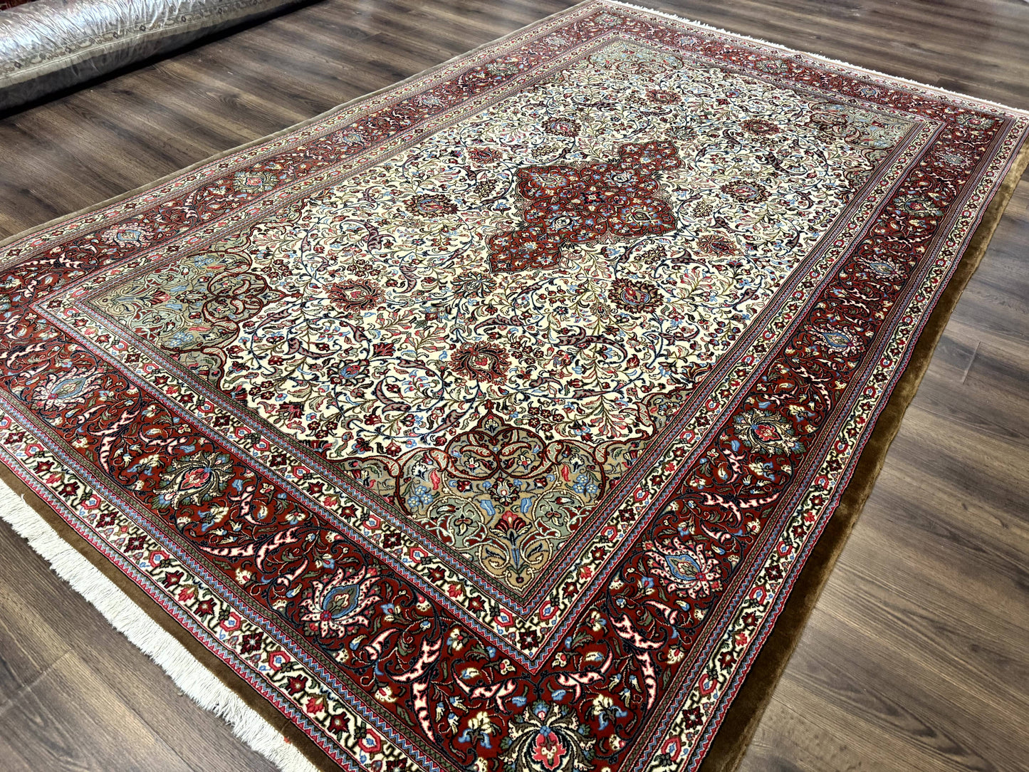 Persian Qum Rug 7x11, Beige and Red, Highly Detailed Floral Pattern, Fine 260 KPSI - Nuvé