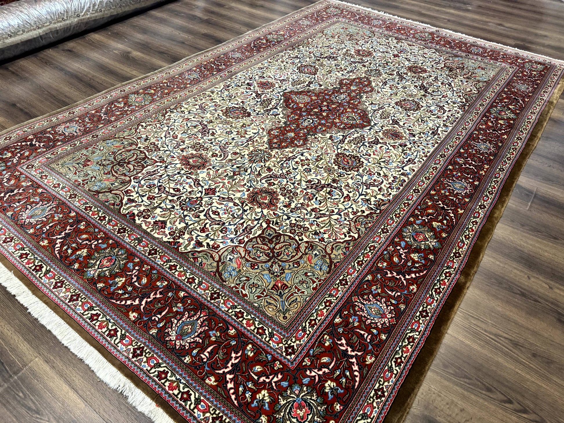 Persian Qum Rug 7x11, Beige and Red, Highly Detailed Floral Pattern, Fine 260 KPSI - Nuvé