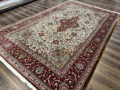 Persian Qum Rug 7x11, Beige and Red, Highly Detailed Floral Pattern, Fine 260 KPSI - Nuvé