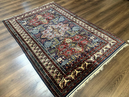 Indian Rug with Caucasian Design, 4x6 Geometric Carpet, Navy Blue and Cream - Nuvé