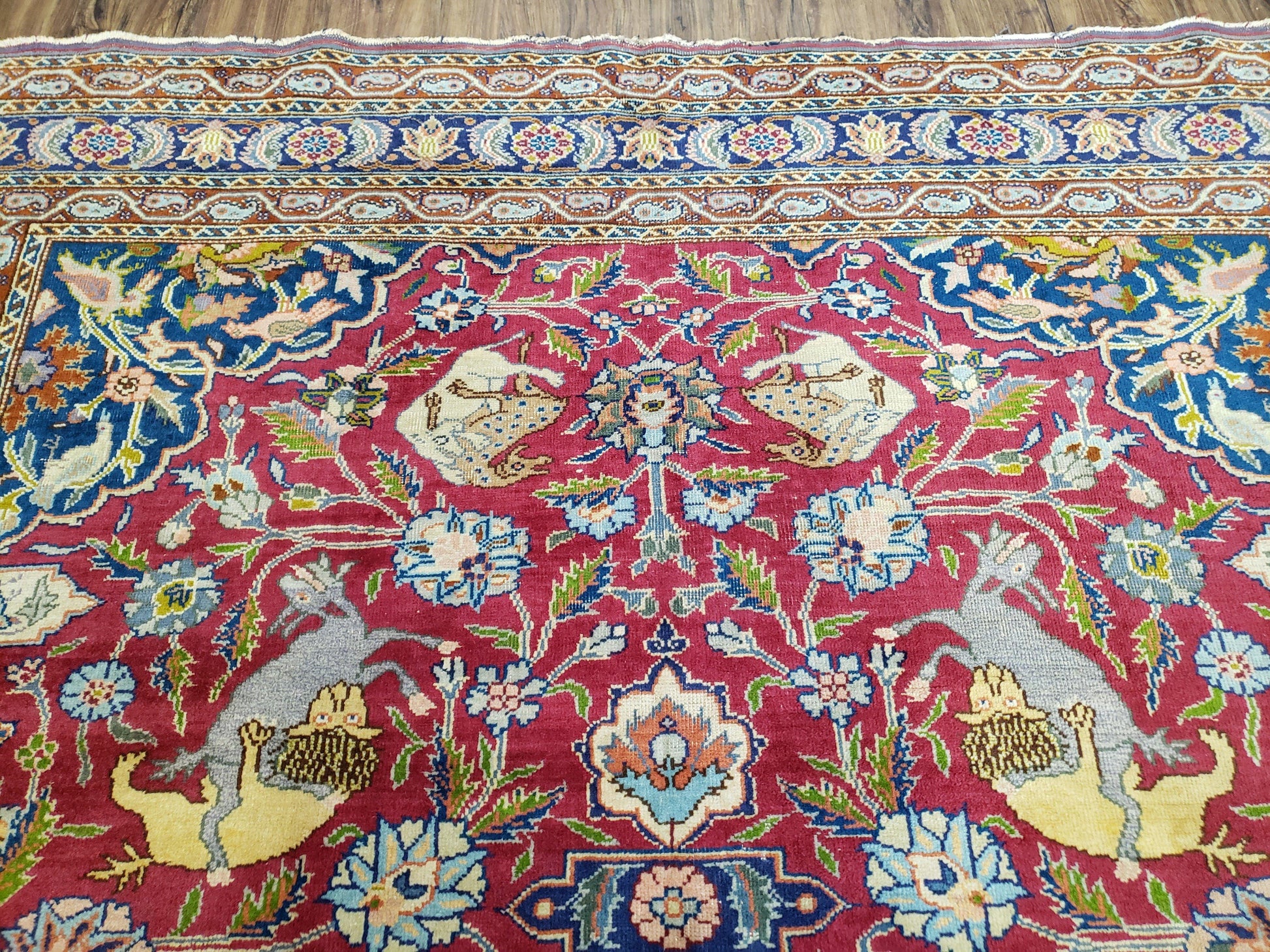 Antique Turkish Sivas Area Rug 8x11, Hand-Knotted, Vintage Red Wool Carpet, Gazelles Lions, Boteh Border, 8' x 11' Top Quality Oriental Rug - Nuvé
