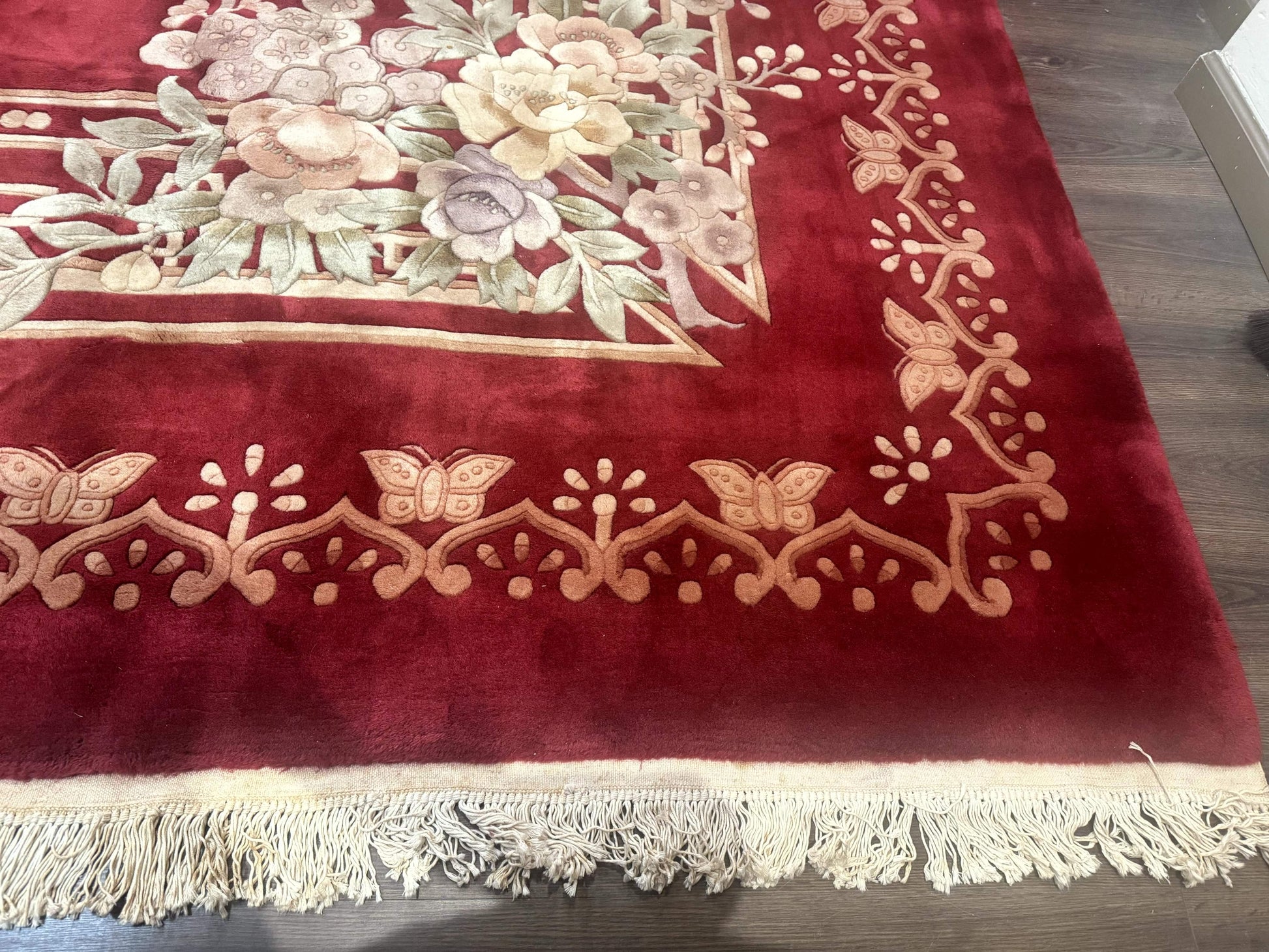 Palace Size Chinese Wool Rug 12x18, Red Art Deco Chinese Carving Carpet, Butterflies Flowers - Nuvé