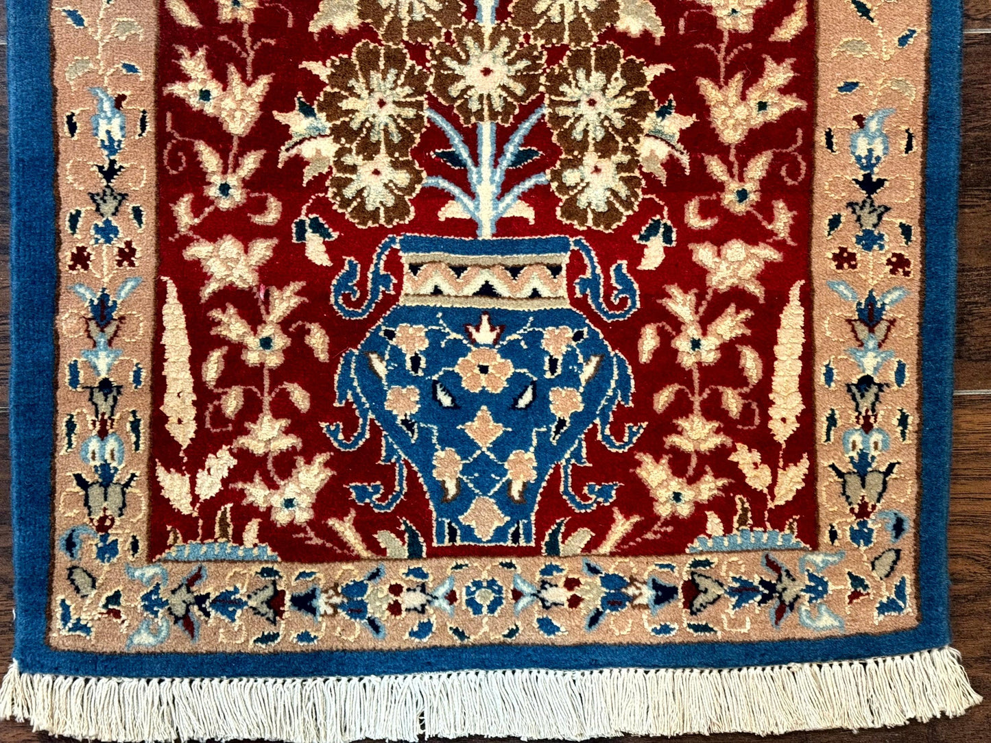 Small Persian Nain Rug, Persian Vase Tree of Life Design, Red and Blue, Very Fine 260 KPSI, Wool and Silk Highlights - Nuvé