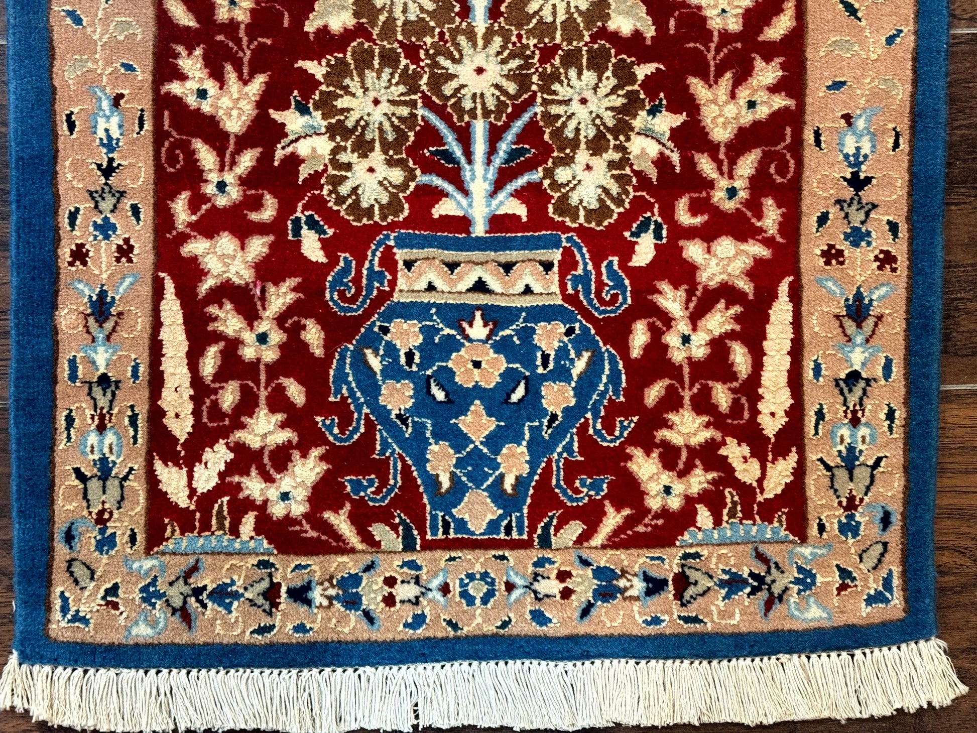 Small Persian Nain Rug, Persian Vase Tree of Life Design, Red and Blue, Very Fine 260 KPSI, Wool and Silk Highlights - Nuvé