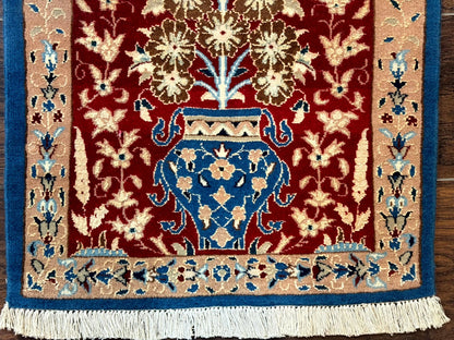 Small Persian Nain Rug, Persian Vase Tree of Life Design, Red and Blue, Very Fine 260 KPSI, Wool and Silk Highlights - Nuvé
