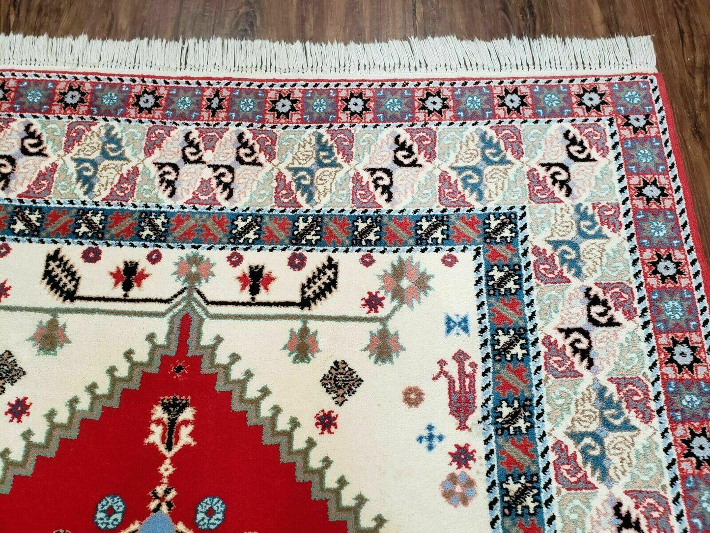 Vintage Moroccan Carpet 5x7 Area Rug, Berber Rug, Handmade Soft Wool Rug, Red Ivory and Blue, Geometric Medallion Rug, Bohemian Rug, Nice - Nuvé