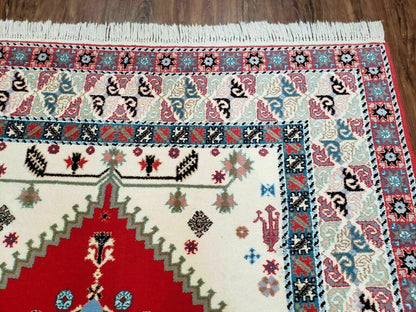 Vintage Moroccan Carpet 5x7 Area Rug, Berber Rug, Handmade Soft Wool Rug, Red Ivory and Blue, Geometric Medallion Rug, Bohemian Rug, Nice - Nuvé