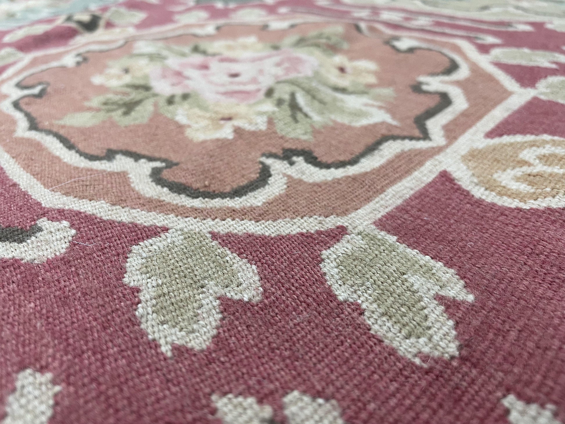 9x9 Square Rug Hand Knotted, Needlepoint Aubusson Carpet, Blush Red, Beige, Green, New, Mint Condition Area Rug, English European Design - Nuvé