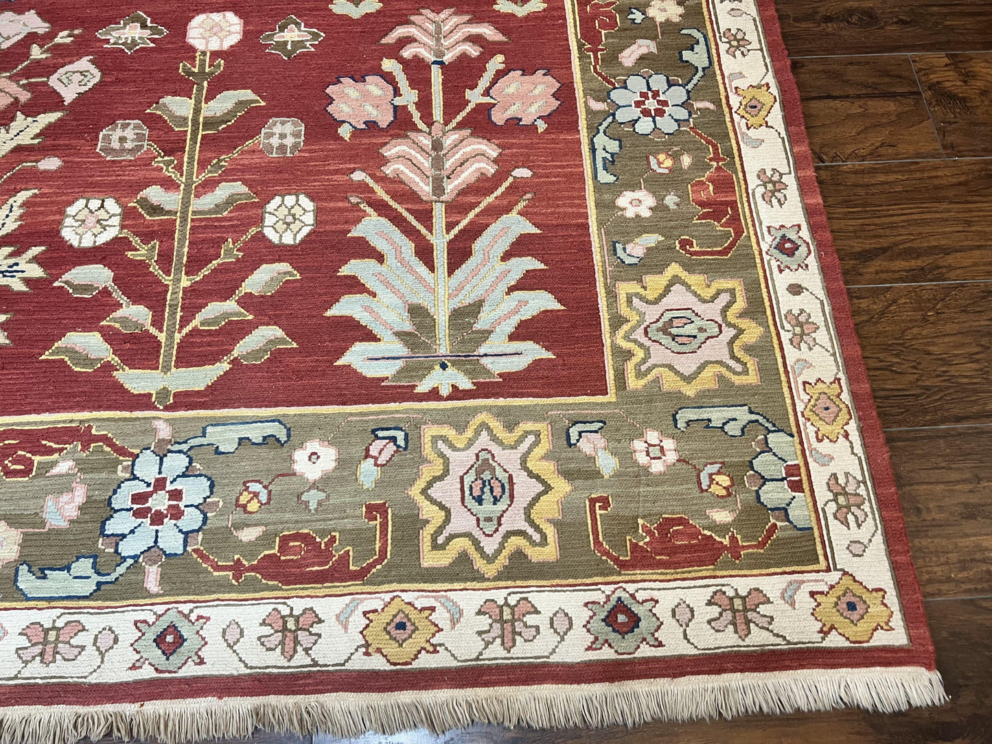 Indian Rug 10x14, Wool Hand Knotted Flatweave Carpet, Tree of Life, Red and Green - Nuvé