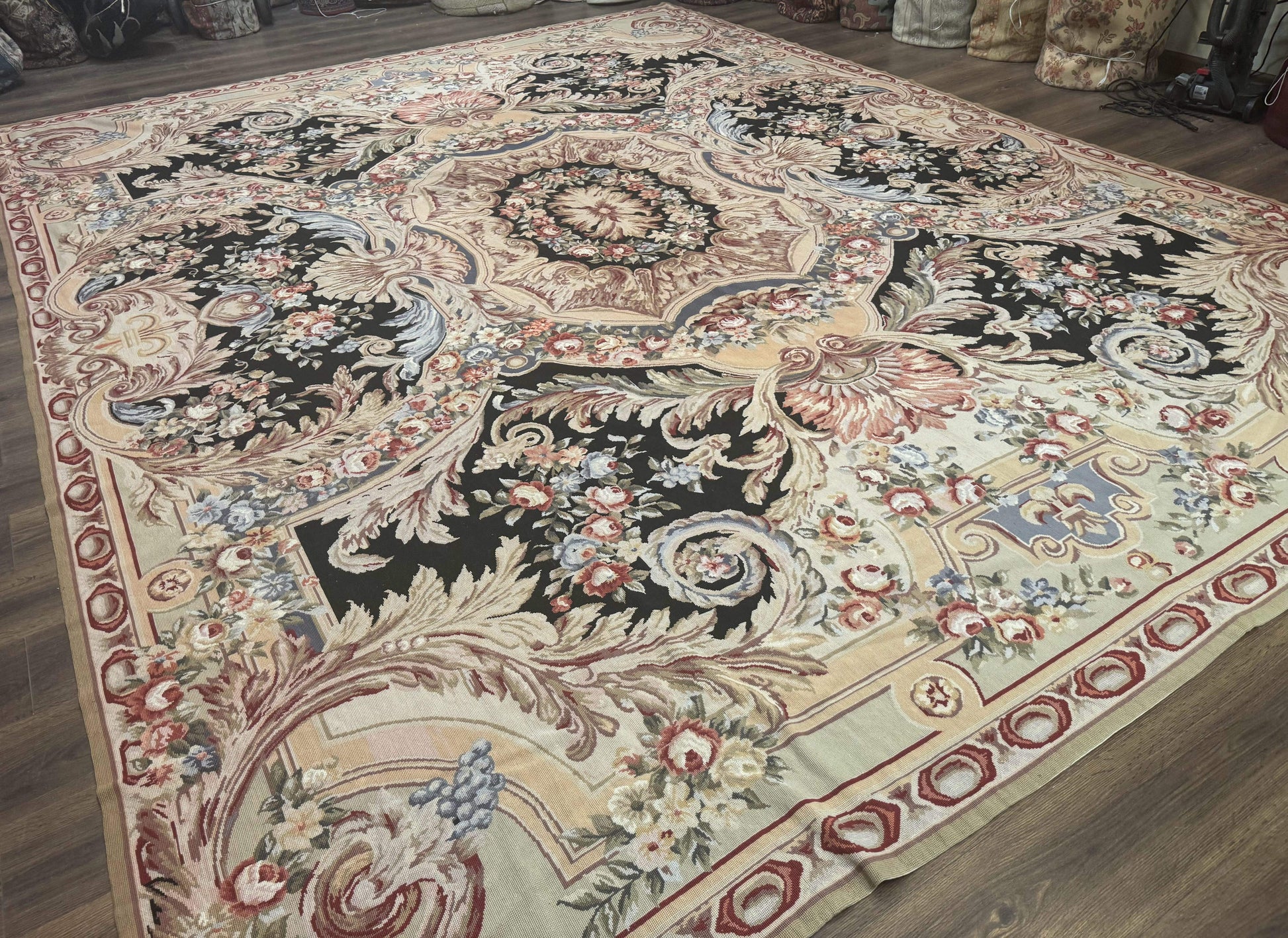 Wonderful Needlepoint Rug 10x14, Large Aubusson Carpet, Floral, Elegant, European Design - Nuvé