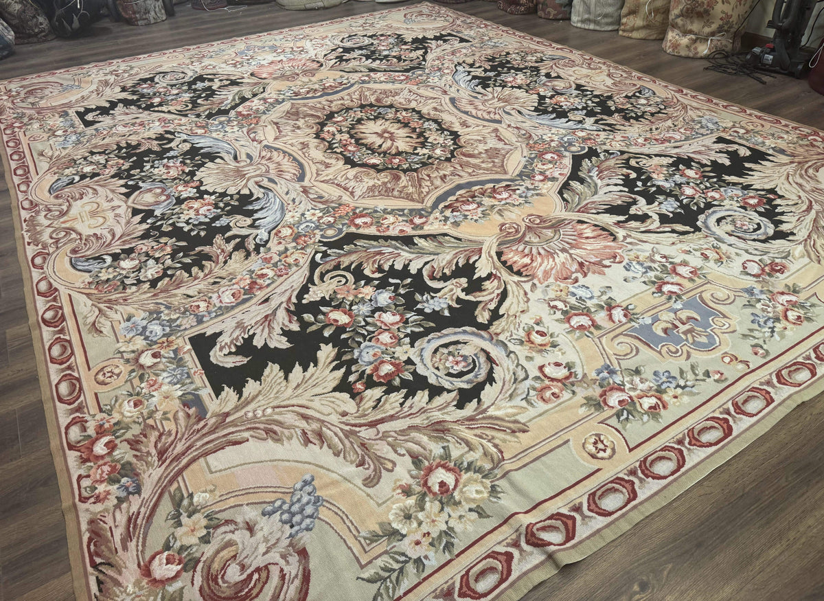 Wonderful Needlepoint Rug 10x14, Large Aubusson Carpet, Floral, Elegant, European Design