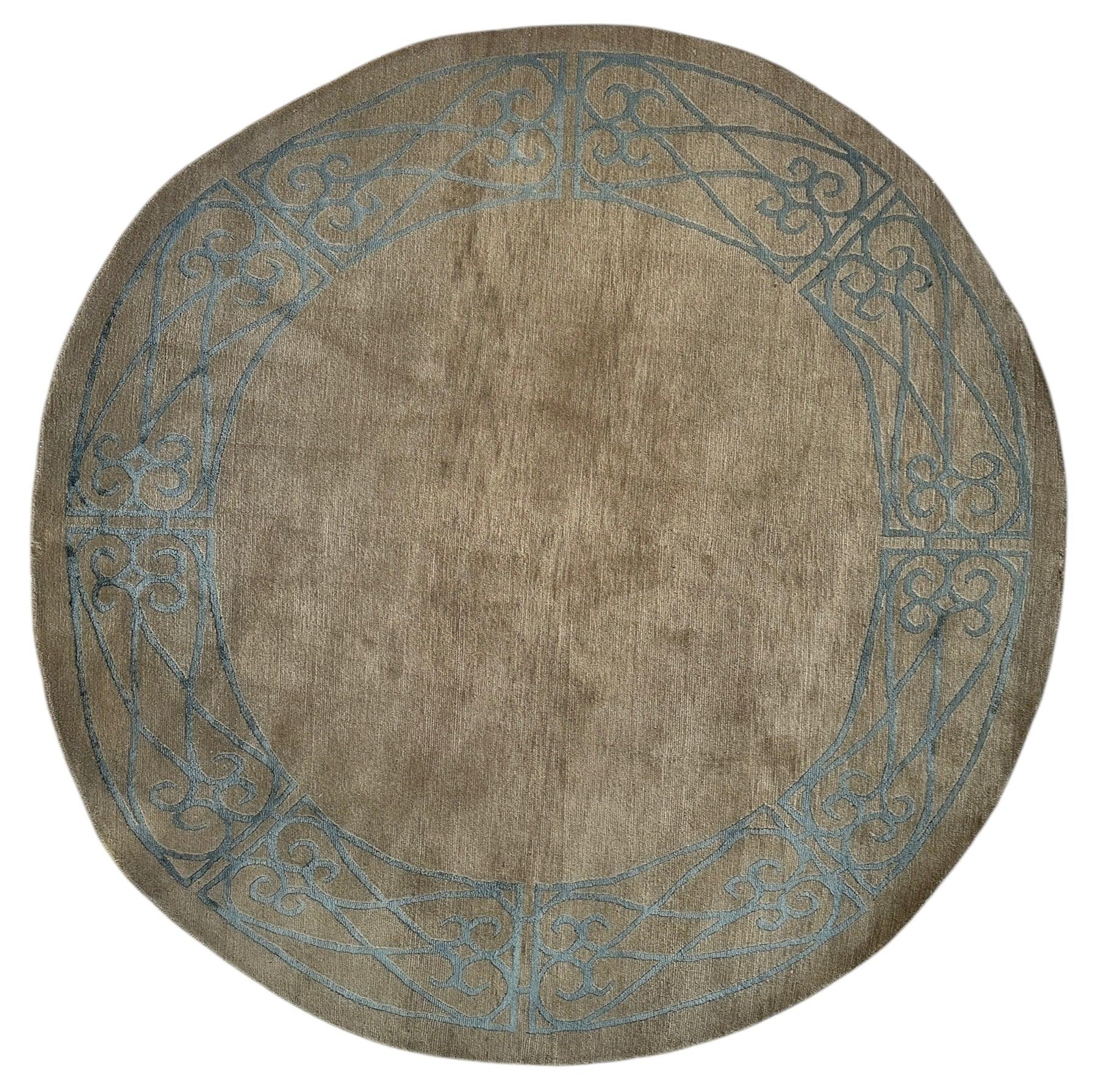 Hand-Knotted Tibetan Rug - 6' x 6'1" Round - Wool & Silk - Elegant Blue Border Design - Nuvé