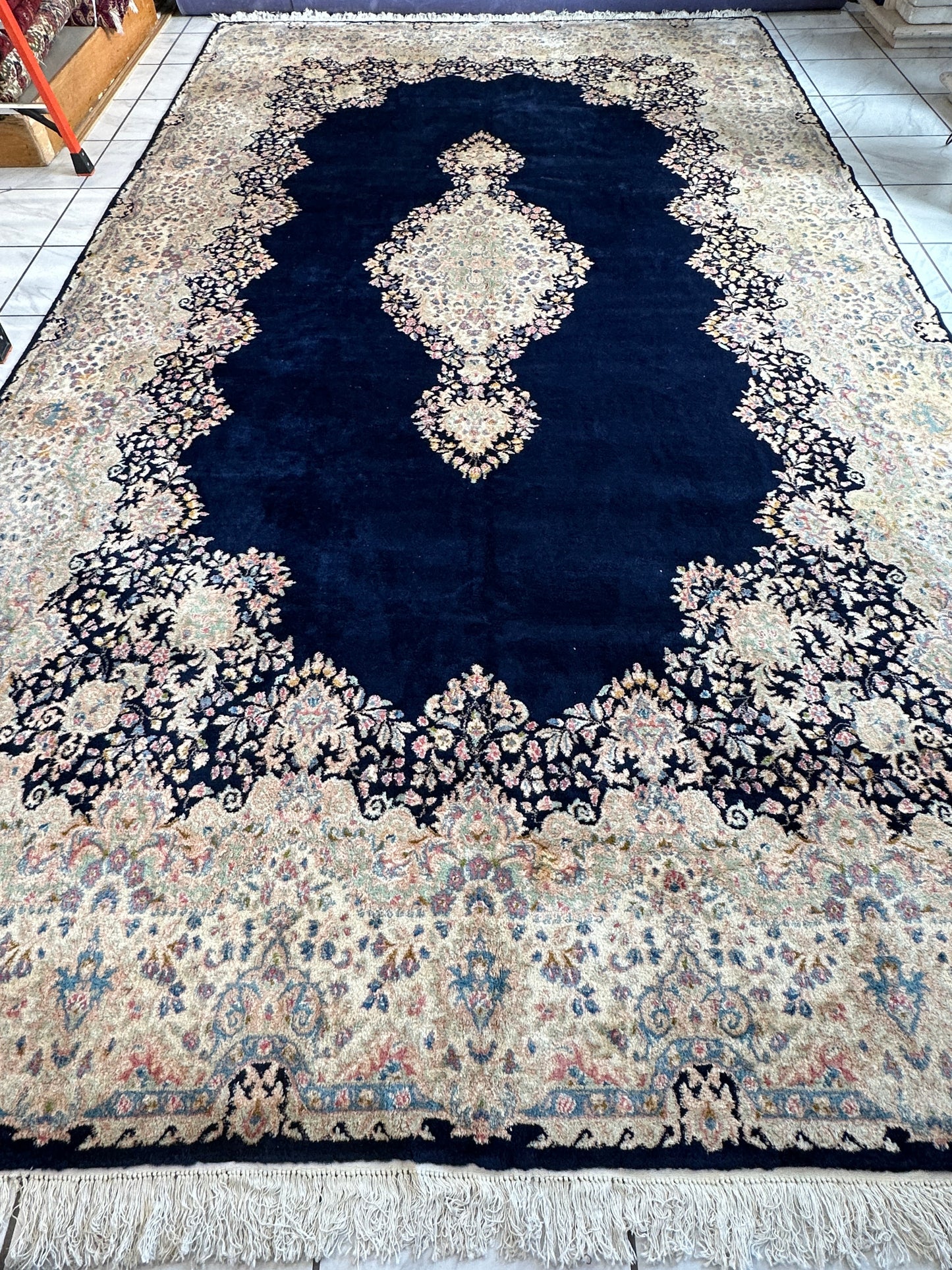 Palace-Size Vintage Royal Kirman Wool Rug – 9’9” x 17’2” – Hand-Knotted Persian Elegance with Deep Navy Field - Nuvé