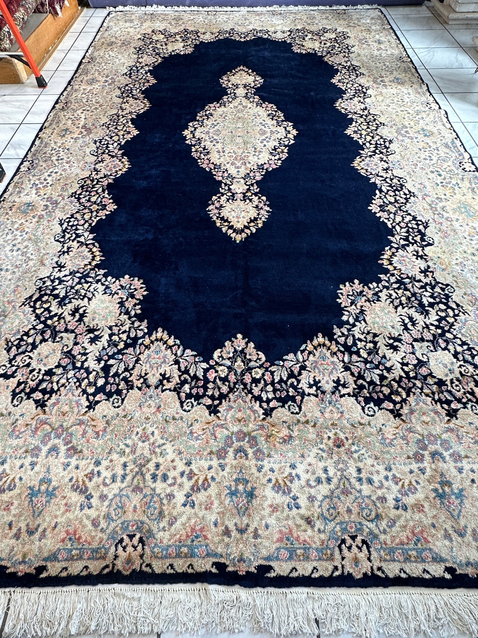 Palace-Size Vintage Royal Kirman Wool Rug – 9’9” x 17’2” – Hand-Knotted Persian Elegance with Deep Navy Field - Nuvé