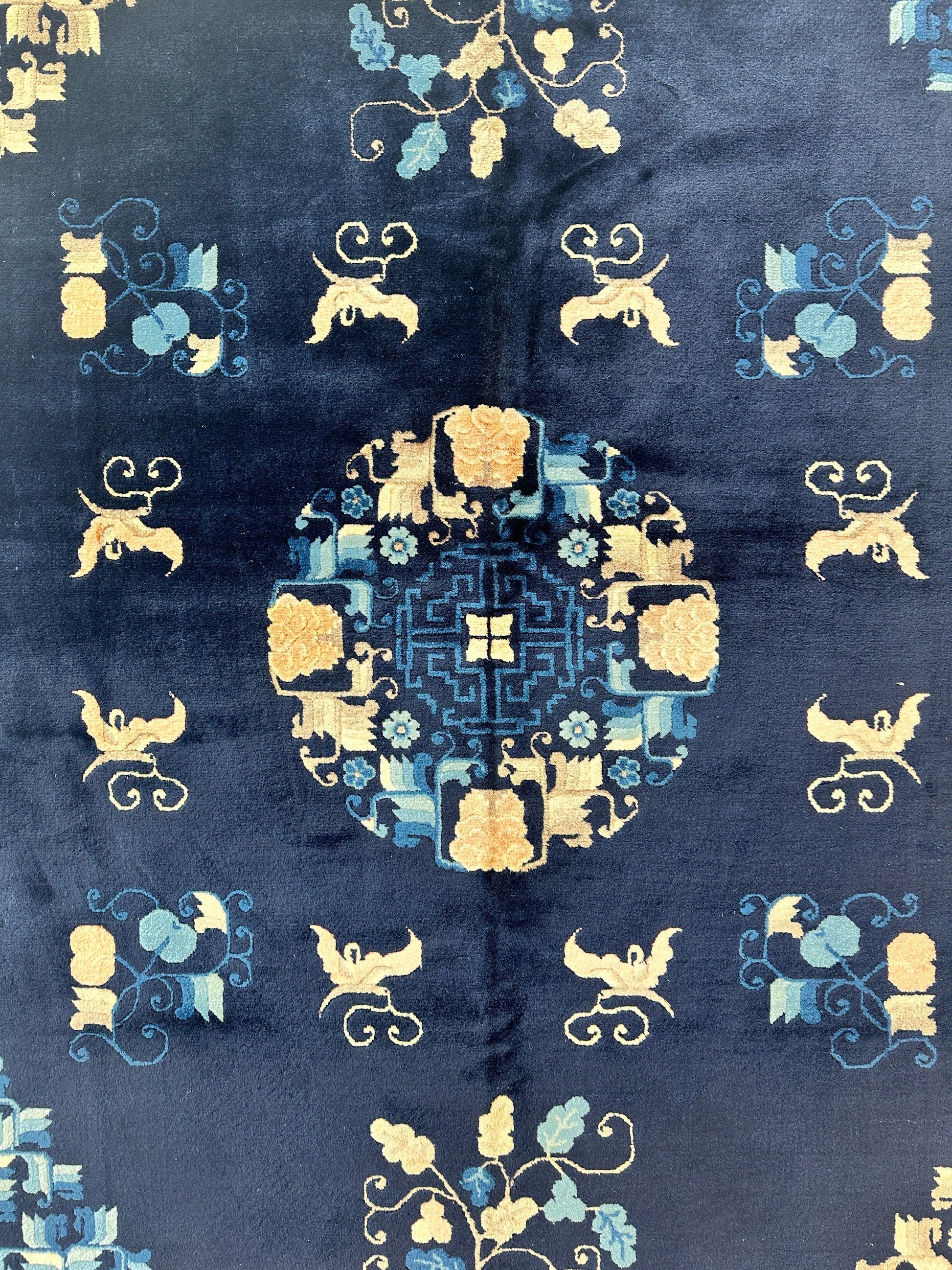 Hand-Knotted Antique Chinese Peking Wool Rug – 5’6” x 7’6” – Full Pile Navy and Cream Design - Nuvé