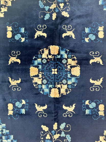 Hand-Knotted Antique Chinese Peking Wool Rug – 5’6” x 7’6” – Full Pile Navy and Cream Design - Nuvé