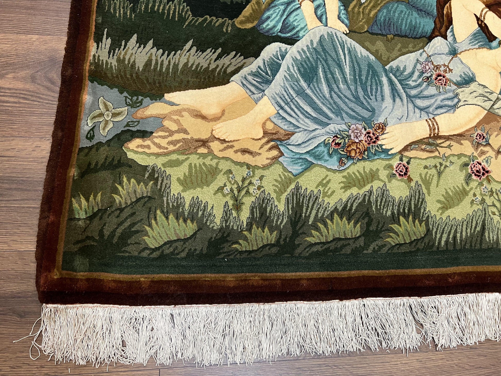 Persian Tabriz Pictorial Rug 5x3, Women Laying By River, Super Fine 60 Raj 480+ KPSI, Hand Knotted Wool Rug, Semi Antique Vintage Oriental Carpet - Nuvé