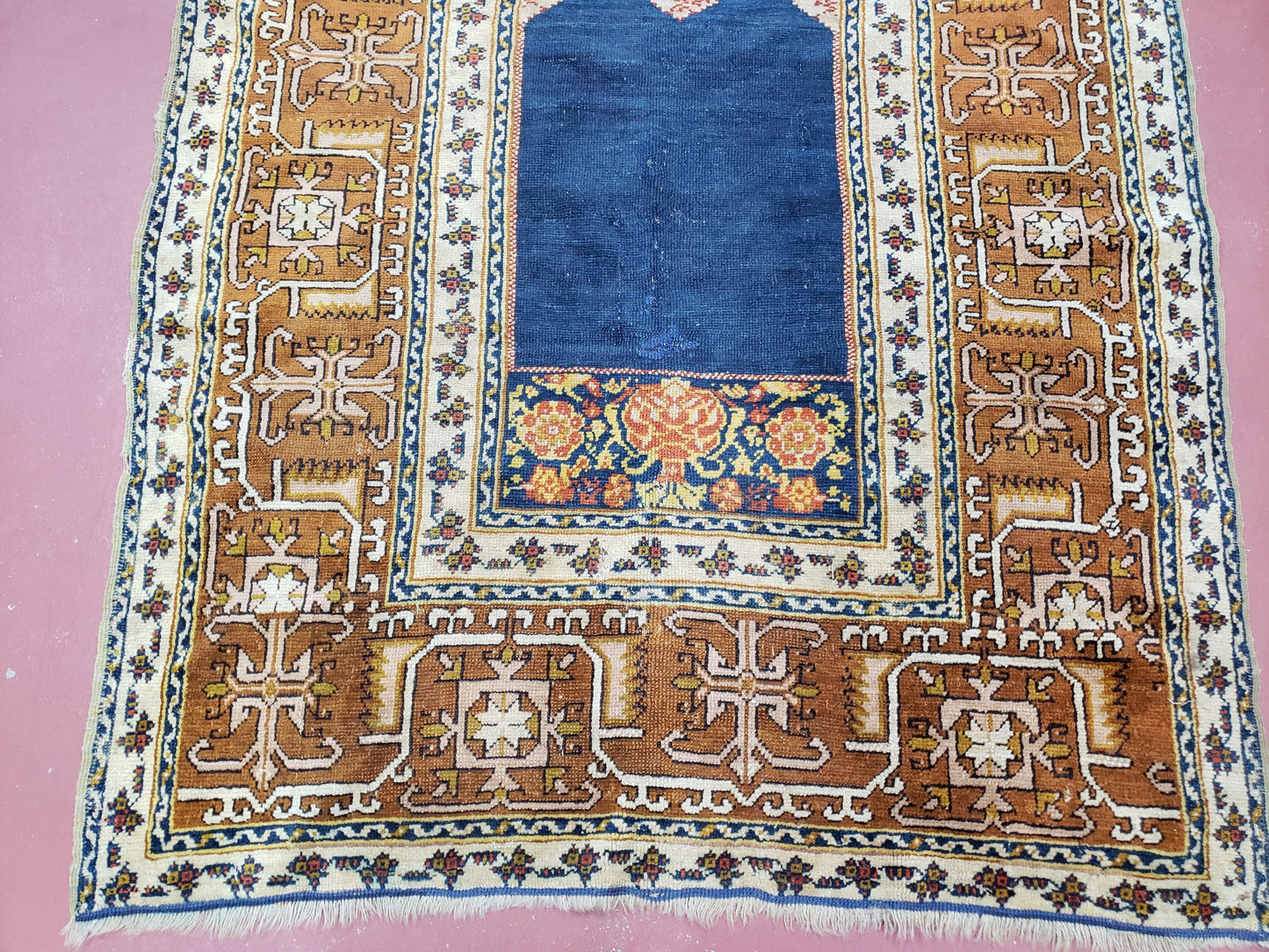 Antique Turkish Anatolian Ghiordes Prayer Rug, Twin Mihrabs, Rare Collectible Oriental Rug, Early 20th Century Prayer Rug, 3'9" x 5'2" - Nuvé