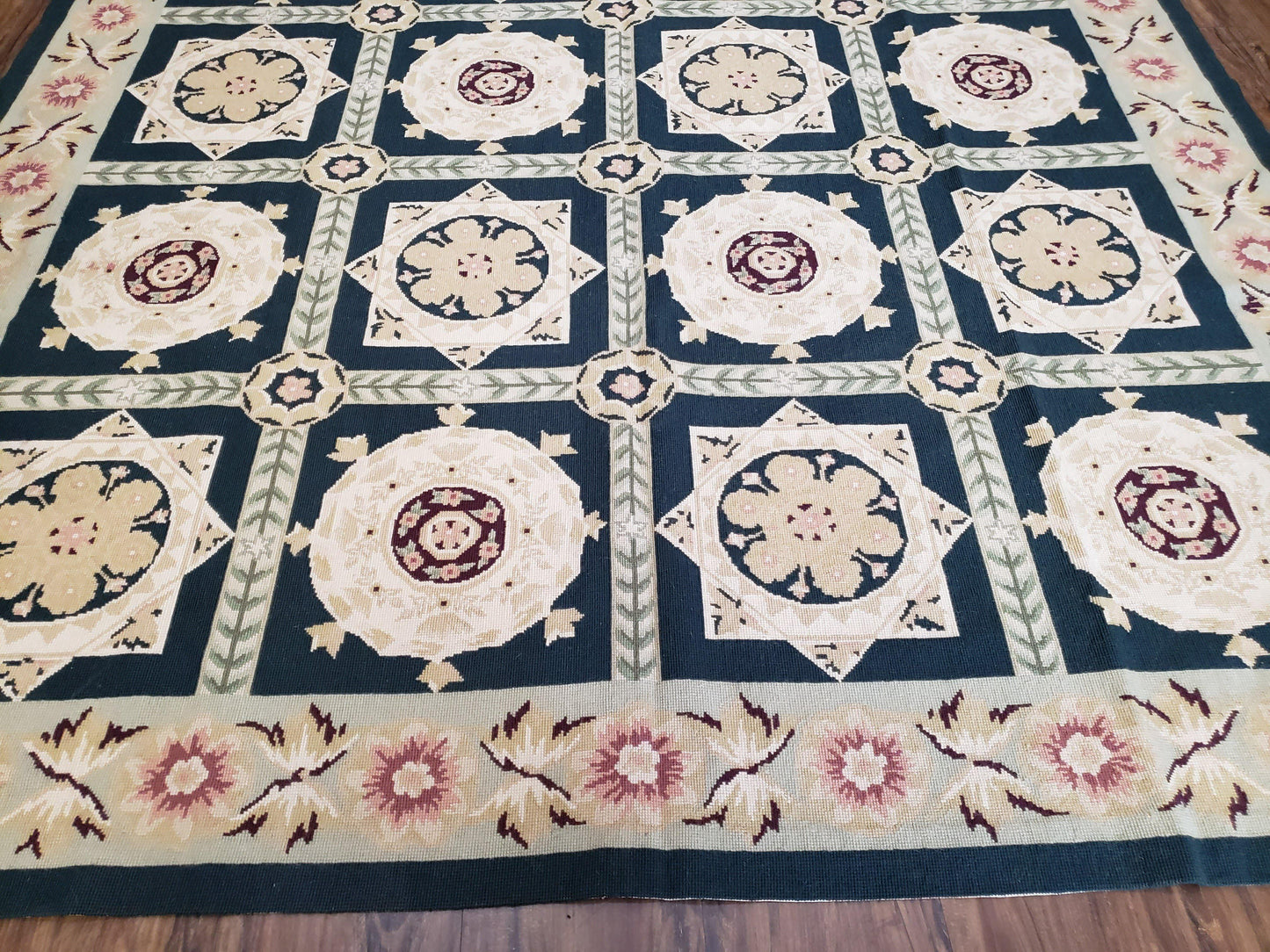 Vintage Chinese Needlepoint Rug 6x9, Panel Design Area Rug Wool Hand-Woven Black & Ivory Carpet Flat Weave Bedroom Rug 6 x 9 Living Room Rug - Nuvé